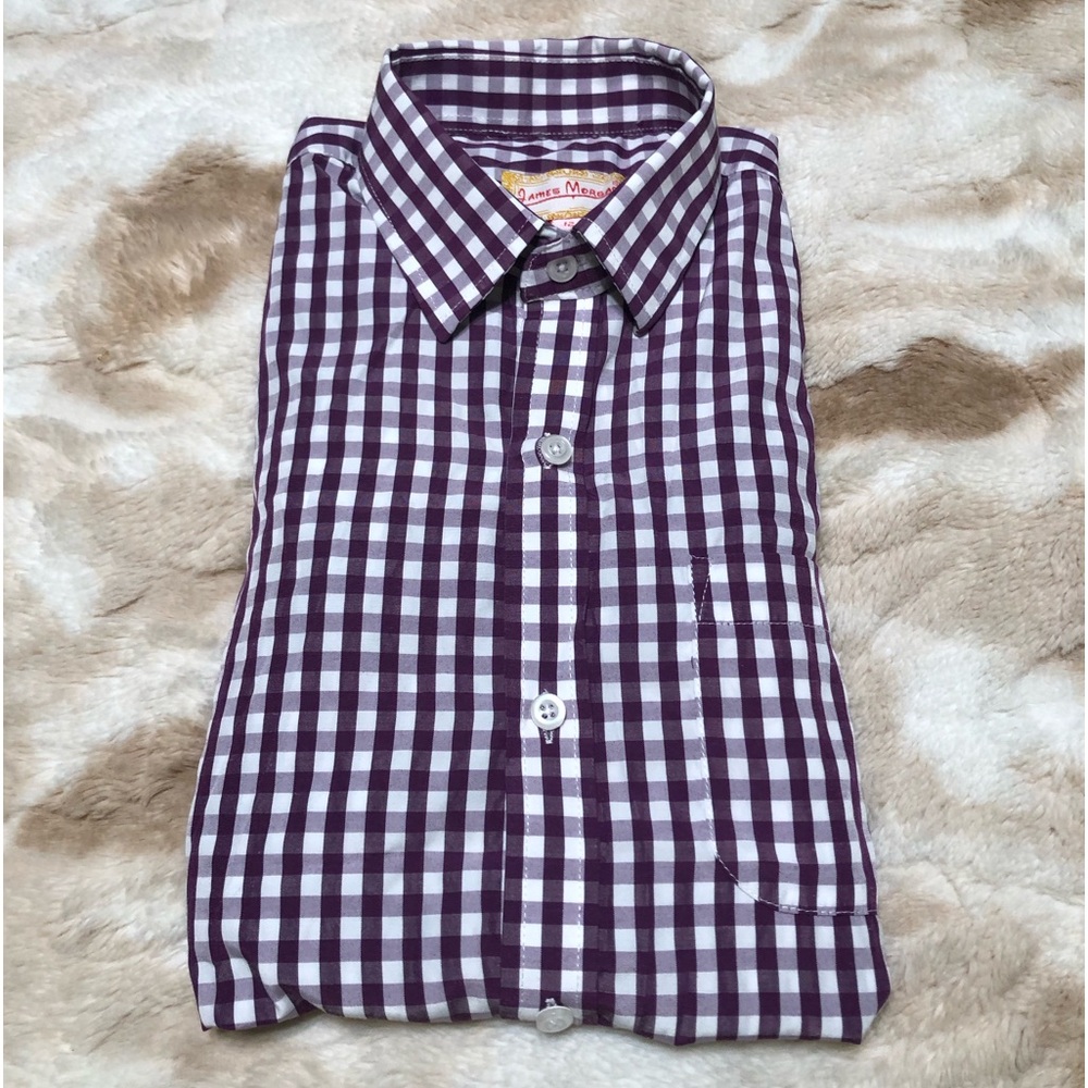 James Morgan-Boys long sleeve Dress Shirt. Size 12, Purple and White checkered